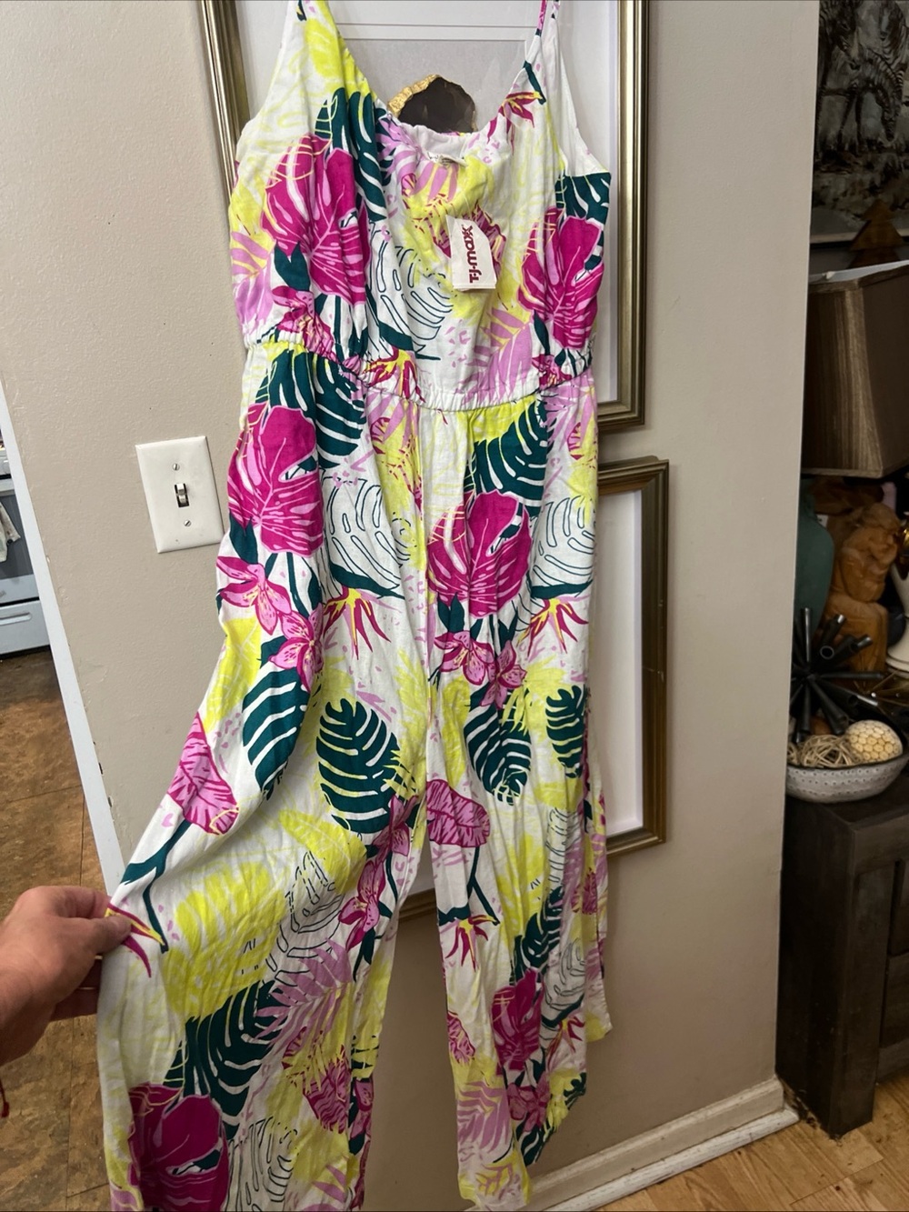 Nicole Miller White Jumpsuit with Pink & Green Tropical Print - Picture 3 of 9